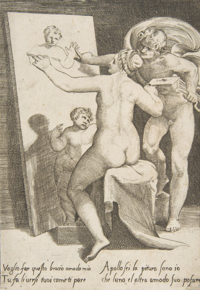 Apollo naast een vrouw die een allegorie van schilderkunst vertegenwoordigt door Giulio Bonasone