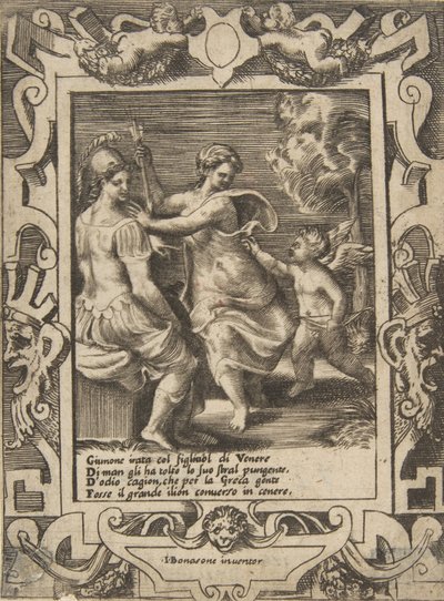 Athena zittend bij Juno die de pijlen van Cupido heeft weggenomen, binnen een uitgebreide lijst door Giulio Bonasone