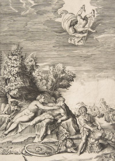 Calypso die probeert Ulysses tegen te houden terwijl een kind zijn wapenrusting voorbereidt aan de rechterkant en Mercurius valt, 1531-76 door Giulio Bonasone