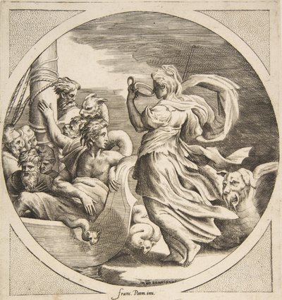 Circe drinkt uit een beker met de metgezellen van Odysseus in een boot links, 1531-1576 door Giulio Bonasone