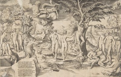 Cupido in de Elyseïsche Velden vastgebonden aan een boom, omringd door vele figuren door Giulio Bonasone