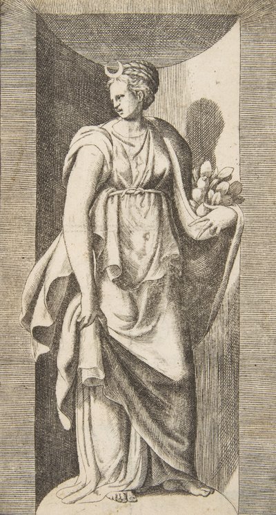 Diana die fruit in haar linkerhand houdt, staand in een nis, ca. 1531-76 door Giulio Bonasone