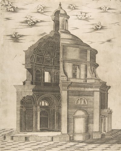 Exterieur en interieur sectie van een tempel in Rome gewijd aan Neptunus, 1541 door Giulio Bonasone