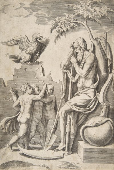Vader Tijd rechts leunend op een zeis, drie naakte jongens en adelaar links, 1531-76 door Giulio Bonasone