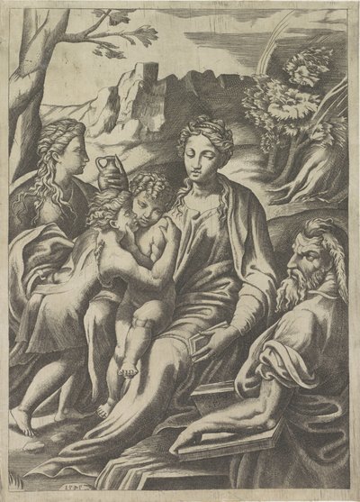 Heilige Familie met de jonge Johannes de Doper en Maria Magdalena door Giulio Bonasone