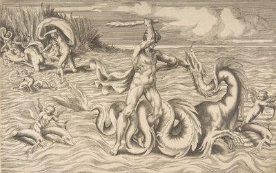 Hercules vecht met een draak in het midden, Achelous ontvoert Deianeira linksboven door Giulio Bonasone