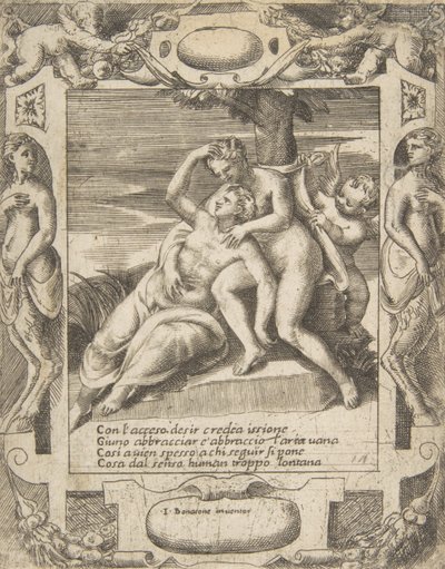 Ixion omhelst een wolk, denkend dat het Juno is, Cupido rechts, binnen een uitgebreide..., 1531-76 door Giulio Bonasone