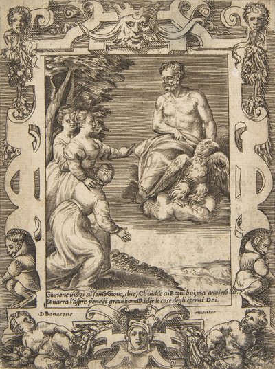 Juno links vraagt Jupiter om de Grieken te helpen, binnen een uitgebreide lijst, 1531-76 door Giulio Bonasone