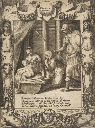 Juno overtuigt Athena om de jonge Hercules te voeden, binnen een uitgebreide lijst, ca. 1531-76 door Giulio Bonasone
