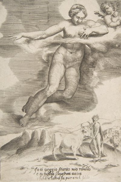 Juno kijkt naar Jupiter en Io, uit De Liefdes van de Goden door Giulio Bonasone