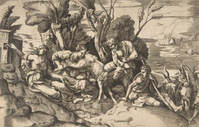 Jupiter gezoogd door de geit Amalthea, 1531-76 door Giulio Bonasone