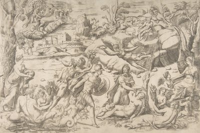 Mars en Rhea Silvia: in het midden houdt Mars een schild en zwaard, Rhea Silvia slaapt, ca. 1531-76 door Giulio Bonasone