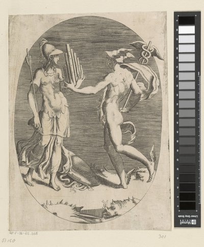 Mercurius geeft Minerva een panfluit door Giulio Bonasone