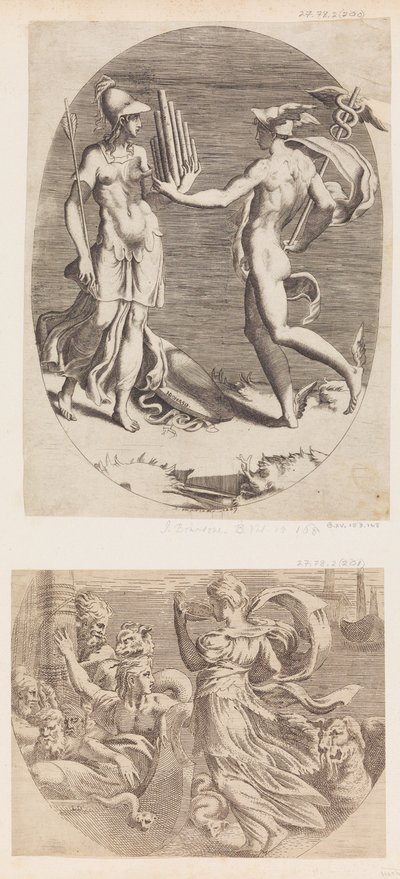 Mercurius Geeft een Panfluit aan Minerva door Giulio Bonasone