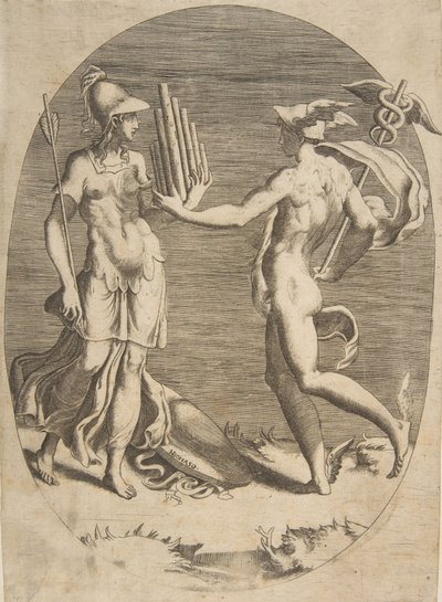 Mercurius presenteert een panfluit aan Minerva die links staat, een ovale compositie, 1531-76 door Giulio Bonasone
