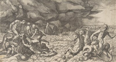 Neptunus kalmeert de storm die Aeolus tegen de vloot van Aeneas heeft opgewekt, 1531-76 door Giulio Bonasone