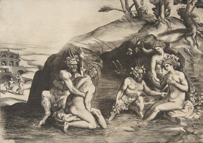 Nimfen en saters baden door Giulio Bonasone