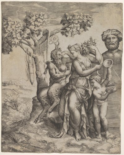 Pan zittend naast een vrouwelijke figuur met een hoorn des overvloeds, een nimf of Pomona door Giulio Bonasone