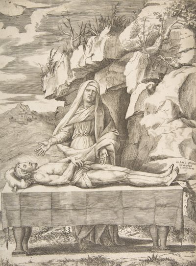 Pieta, Christus uitgestrekt op een tafel in een landschap, de Maagd staand achter met armen, 1531-76 door Giulio Bonasone