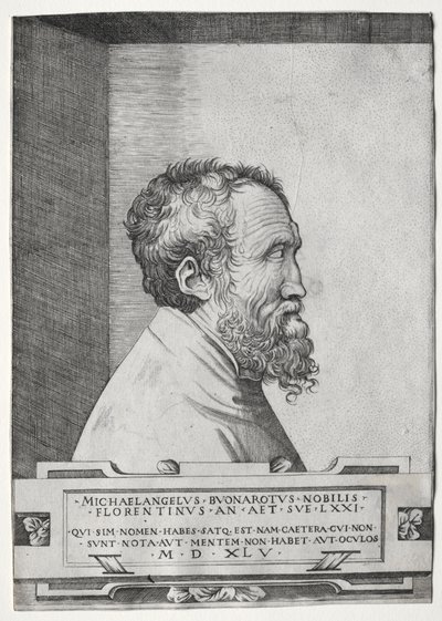 Portret van Michelangelo in profiel naar rechts door Giulio Bonasone