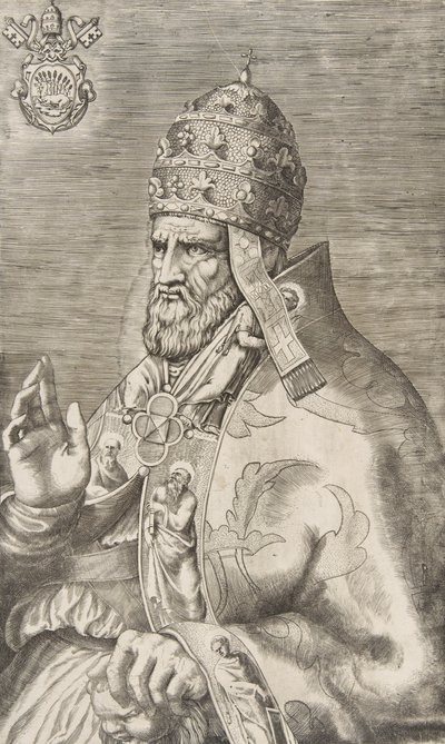 Portret van Paus Marcellus II, rechterhand opgeheven naar links, ca. 1555 door Giulio Bonasone