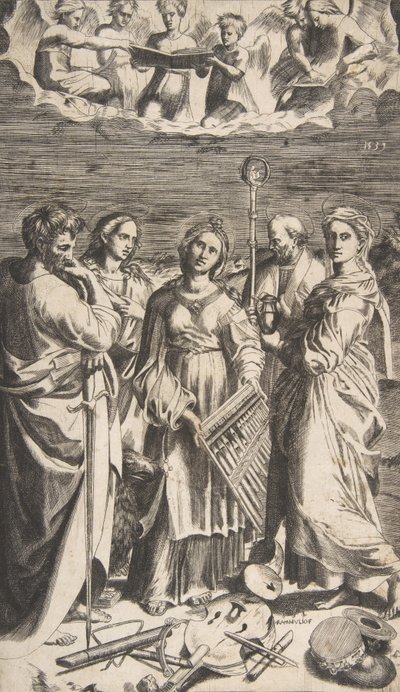 Sint Cecilia in het midden vergezeld door Sint Paulus, de Magdalena, Sint Johannes door Giulio Bonasone