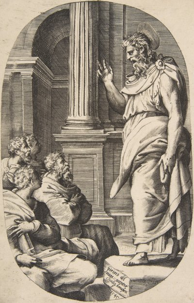 Sint Paulus prediking, een ovaal compositie door Giulio Bonasone