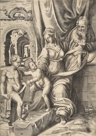 De Heilige Familie en de jonge Johannes de Doper door Giulio Bonasone