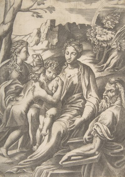 De Heilige Familie met Maria Magdalena en Johannes de Doper die Christus omhelst door Giulio Bonasone