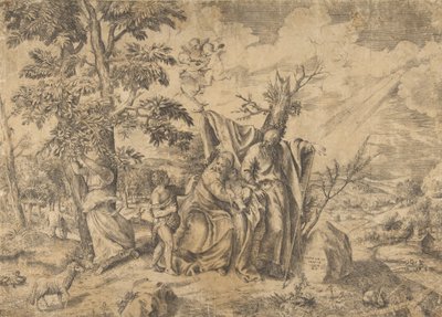 De rust tijdens de vlucht naar Egypte, Jozef rechts, de Maagd houdt het Christuskind door Giulio Bonasone