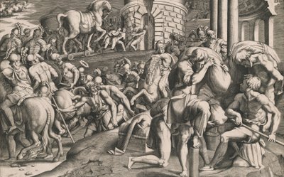 De Trojanen trekken het houten paard de stad in door Giulio Bonasone