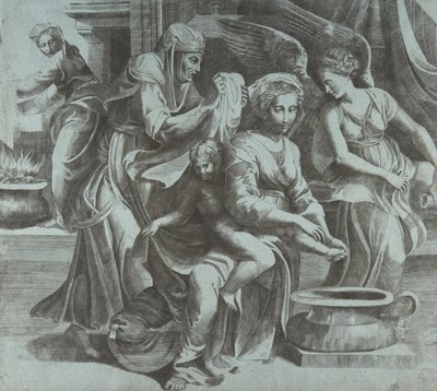 De Maagd wast het Christuskind vergezeld door figuren en een engel rechts, ca. 1550-60 door Giulio Bonasone