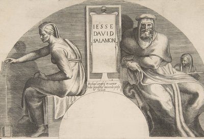 De voorouders van Christus flankeren een ingeschreven tablet, een compositie met een gebogen top, 1531-76 door Giulio Bonasone