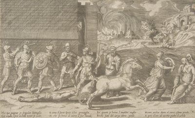 Het gevecht van Hector en Achilles, en Achilles die het lichaam van Hector rond sleept door Giulio Bonasone