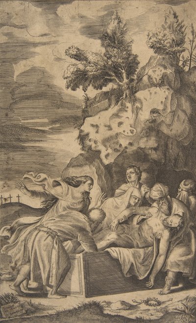 De graflegging van Christus, de kruisen op Calvarie zichtbaar op de achtergrond door Giulio Bonasone