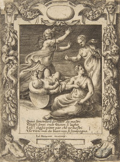 De jonge Hercules die de slangen doodt, binnen een sierlijk kader, uit de 