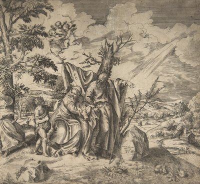 De rust van de Heilige Familie op hun vlucht naar Egypte door Giulio Bonasone