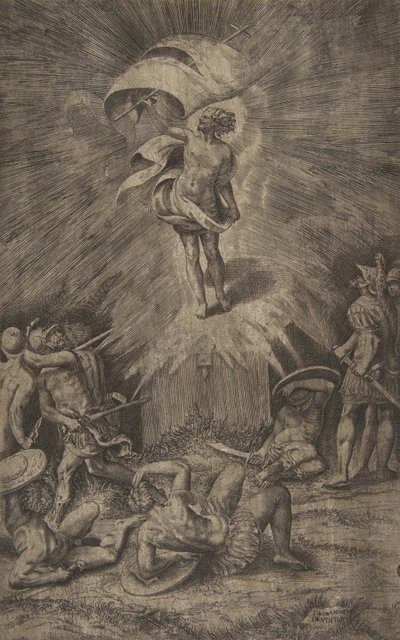 De opstanding van Christus, met een banier in zijn rechterhand, soldaten rondom het t..., 1561 door Giulio Bonasone