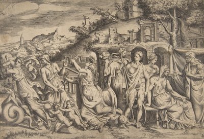 Het verhaal van Jason en Medea links draagt ze haar zoon, in het midden... , 1531-76 door Giulio Bonasone