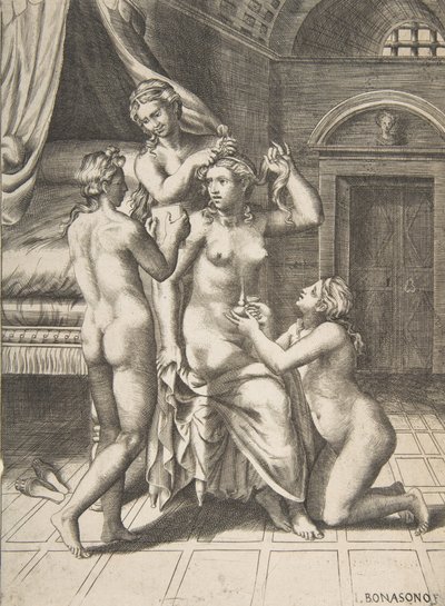 De toilet van Psyche die in het midden zit en wordt verzorgd, 1531-76 door Giulio Bonasone