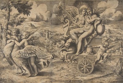 De triomf van Cupido en Psyche die op een wagen zitten getrokken door twee vogels, ca. 1550-67 door Giulio Bonasone