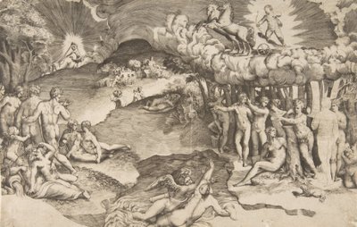 De triomf van de liefde, Cupido rijdt op een wagen getrokken door een eenhoorn door Giulio Bonasone
