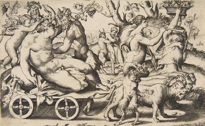 Triomf van Bacchus die links op een wagen zit door Giulio Bonasone