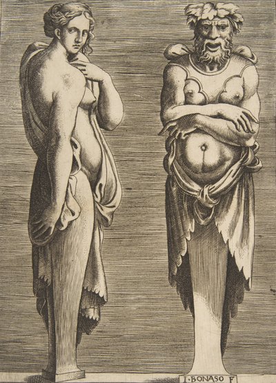 Twee termen, een nimf links Silvanus rechts door Giulio Bonasone