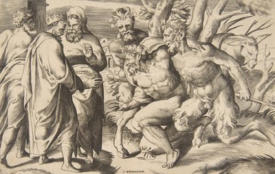 Twee saters brengen Silenus Koning Midas staat links, 1531-76 door Giulio Bonasone