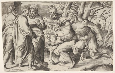 Twee saters leiden Silenus naar koning Midas door Giulio Bonasone