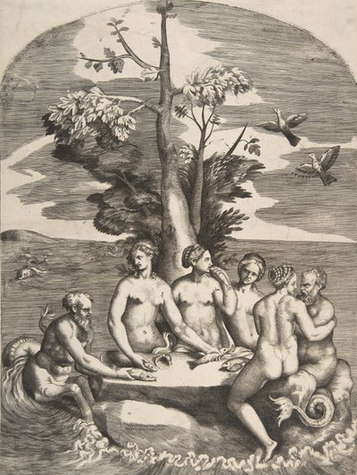 Twee zeegoden vergezeld door vier nimfen, 1531-76 door Giulio Bonasone