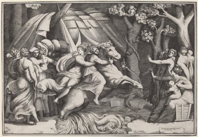 Clelia steekt de Tiber over door Giulio Bonasone after Polidoro da Caravaggio