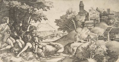 Links vier herders met muziekinstrumenten zittend onder een groep bomen door Giulio Campagnola
