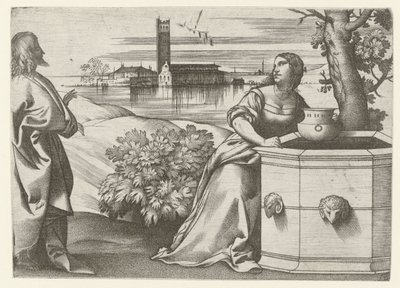 Christus in gesprek met Samaritaanse vrouw bij bron door Giulio Campagnola